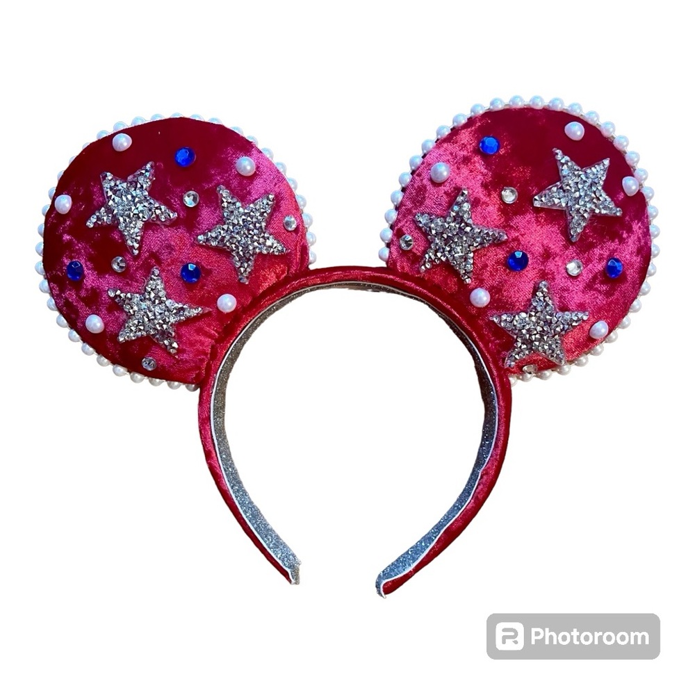 Disney Mickey Mouse ears red velvet/silver stars/blue beads/pearl trim w/ shine!